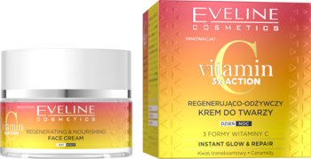 Krem Eveline Vitamin C 3xAction: słoik z białym wieczkiem i opakowanie, gradient pomarańczowo-żółty, widok z przodu.