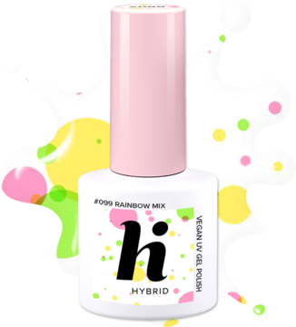 hi hybrid lakier hybrydowy #099 Rainbow Mix, przezroczysty z kolorowymi drobinkami, biała butelka, widok z przodu.