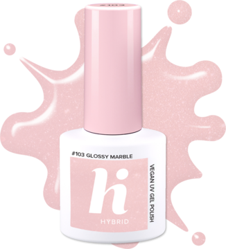Biała butelka lakieru hybrydowego UV #103 Glossy Marble z różową nakrętką. Nude z różowym brokatem. Widok z przodu.