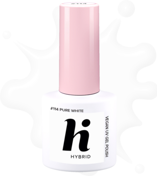Biały lakier hybrydowy hi hybrid #114 Pure White, wegański, z różową nakrętką, widok z przodu.