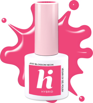 Biała butelka hi hybrid z różową nakrętką, wegański lakier UV gel #117 Neon Blossom, z przodu.