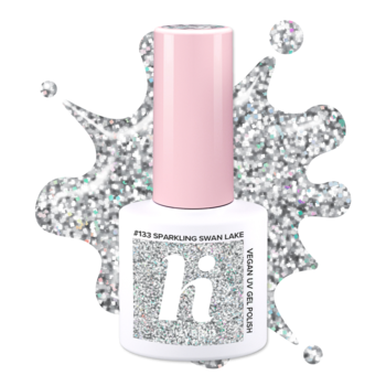 Lakier hi hybrid BP133 Sparkling Swan Lake, srebrny brokatowy, w białej butelce z różową nakrętką, na tle błyszczącego brokatu.
