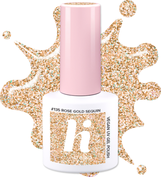 Lakier hi hybrid #135 Rose Gold Sequin, wegański, butelka z różowym brokatem, widok z przodu.