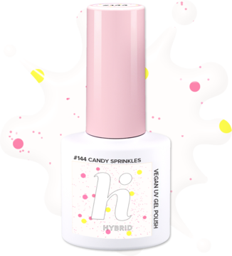 Mleczny lakier Hi Hybrid Cotton Candy Sprinkles #F144 z różowo-żółtymi drobinkami, widok z przodu.