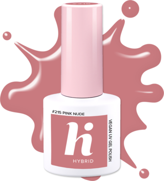 Lakier hybrydowy Hi Hybrid Pink Nude #215. Biała butelka z różową nakrętką i logo Hi, na tle różowych smug.