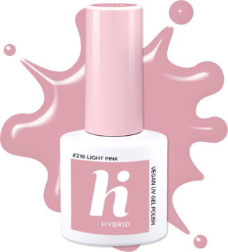 Lakier hybrydowy hi hybrid #216 Light Pink, jasnoróżowa butelka z białym logo na tle plam.