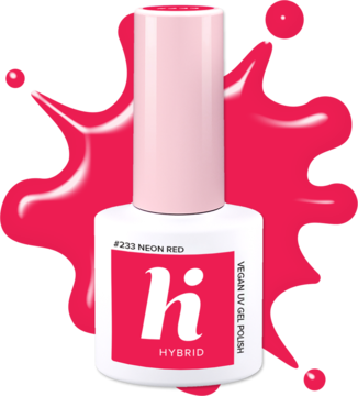 hi hybrid #233 Neon Red vegan UV gel polish, biała butelka z różową nakrętką i etykietą.