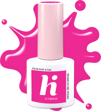 Neonowy lakier hybrydowy hi hybrid #234 Pop Star w białej butelce z różową nakrętką na różowym tle.