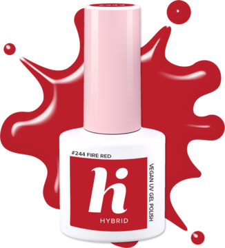 Czerwony lakier hybrydowy hi hybrid #244 Fire Red w białej butelce z różową nakrętką, otoczony czerwoną cieczą.