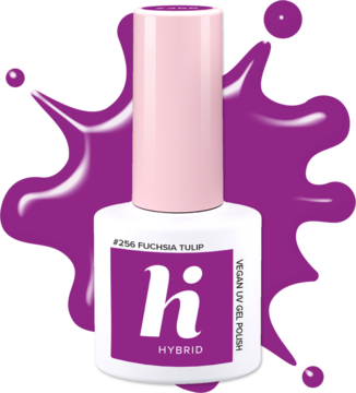 Biała butelka lakieru hi hybrid #256 Fuchsia Tulip, wegański UV gel polish, z różową nakrętką.
