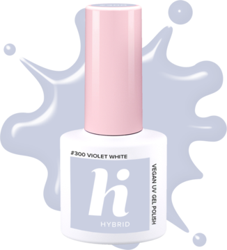 Lakier hybrydowy hi hybrid #300 Violet White, wegański, w białej butelce z różową nakrętką, widok z przodu.