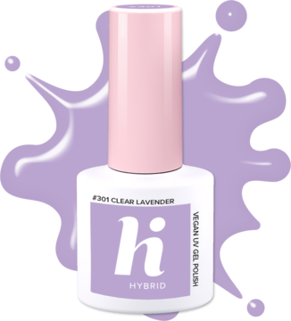 Hi hybrid #301 Clear Lavender wegański lakier hybrydowy, butelka z jasnofioletowym płynem, widok z przodu.