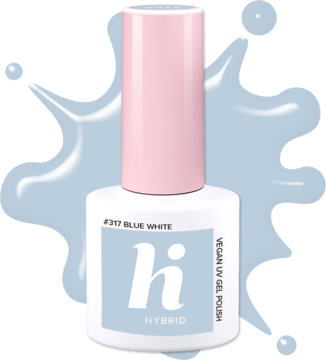 Wegański lakier hybrydowy hi hybrid #317 Blue White, mleczno-błękitny, w białej butelce z różową zakrętką.
