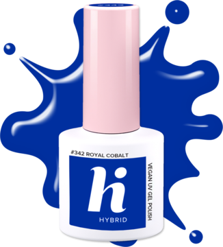 Hi hybrid wegański lakier hybrydowy #342 Royal Cobalt. Butelka z różową nakrętką na niebieskim tle.