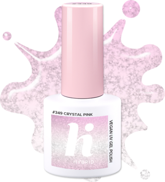 Biały lakier hybrydowy hi hybrid #349 Crystal Pink z różową nakrętką, na tle różowego brokatu.