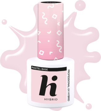 Biała buteleczka bazy hi hybrid Pastel Base, z różową etykietą i nakrętką w białe wzory.