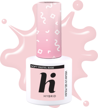 hi hybrid Pastel Base, wegańska baza hybrydowa w białej butelce, różowo-biała nakrętka, widok przodem.