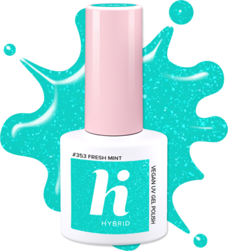 Brokatowy lakier hybrydowy Hi Hybrid Fresh Mint #353, biała butelka z różową nakrętką, widok z przodu.