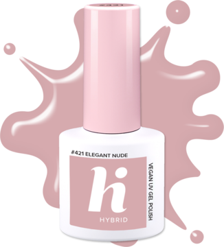 Lakier hybrydowy hi hybrid #421 Elegant Nude. Jasnobeżowa butelka z różową nakrętką, widok z przodu.