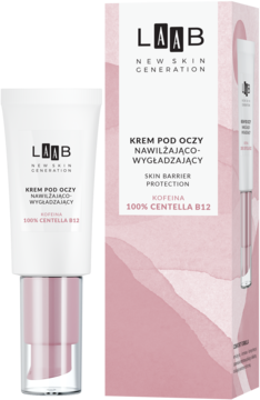 LAAB krem pod oczy 100% Centella B12: biała tubka z różową pompką i pasujące pudełko, widok z przodu.