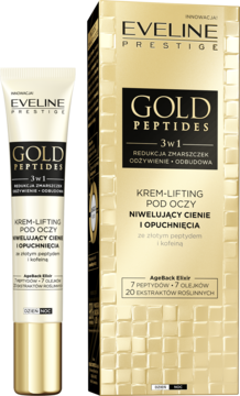 Eveline Gold Peptides krem-lifting pod oczy w złoto-białej tubce i złotym pudełku. Niweluje cienie i opuchnięcia.