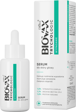 Serum Biovax Trychologic przeciw wypadaniu włosów, biała butelka z zielonym paskiem i pudełkiem, widok z przodu.