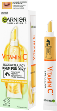 Garnier Vitamin C krem pod oczy 4% niacynamid, żółta tubka z aplikatorem obok zielono-białego pudełka.