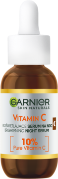 Garnier Vitamin C Brightening Night Serum, brązowa butelka z białą pipetą, 10% czystej witaminy C.