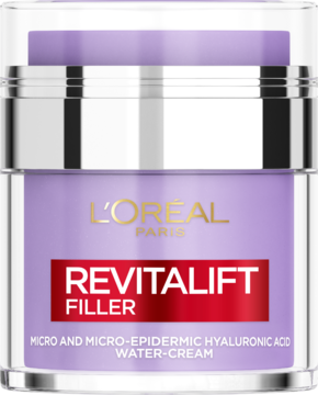 Fioletowy krem ujędrniający L'Oréal Revitalift Filler Water-Cream z srebrną zakrętką, widok z przodu.