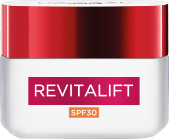 L'Oréal Revitalift krem SPF30 w białym słoiczku z czerwoną zakrętką, różowy napis, widok z przodu.