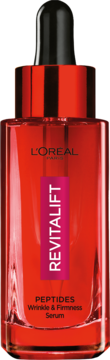 L'Oréal Revitalift Peptides Wrinkle & Firmness Serum, czerwona szklana butelka z czarnym zakraplaczem, widok z przodu.