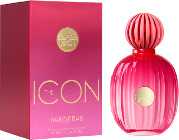 Banderas The Icon woda perfumowana, różowa, ryflowana butelka 100ml z okrągłym emblematem obok pudełka.