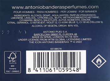 Tył ciemnoniebieskiego opakowania Antonio Banderas The Icon Elixir, z białym tekstem składników, kodem kreskowym i logo FSC.