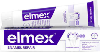 Pasta Elmex Enamel Repair: biała tubka z fioletem, widok pod kątem, obok płaskie pudełko, ochrona przed kwasami.