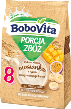 Beżowa torba BoboVita Porcja Zbóż, owsianka mleczna ryżowa mango-marakuja-banan, bez cukru, widok z przodu.
