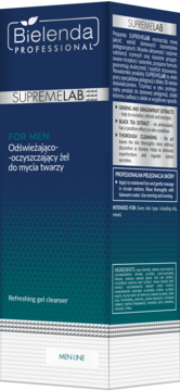 Bielenda SupremeLab For Men odświeżający żel do mycia twarzy, niebieskie pudełko, widok z przodu i z prawej strony.