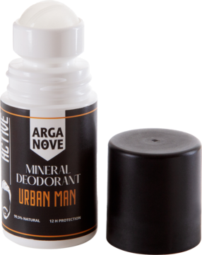 Arganove Mineral Deodorant Urban Man roll-on 12h, biała butelka z czarną etykietą, odkręcona nakrętka obok.
