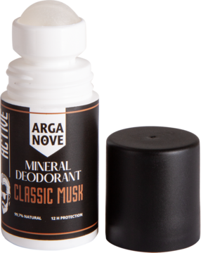 Arganove Mineral Deodorant Classic Musk w białej butelce roll-on, z czarną etykietą i zdjętą zakrętką, widok z przodu.