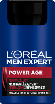 L'ORÉAL MEN EXPERT POWER AGE, rewitalizujący krem nawilżający z kwasem hialuronowym, niebieska butelka.