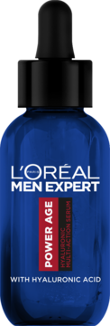 L'Oréal Men Expert Power Age Hyaluronic Multi-Action Serum, niebieska butelka z pipetą, widok z przodu.