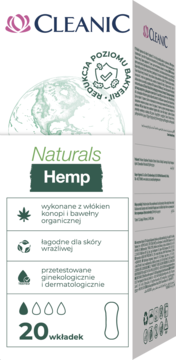 Cleanic Naturals Hemp, biało-zielone opakowanie 20 wkładek z bawełną organiczną i konopiami. Redukcja bakterii.