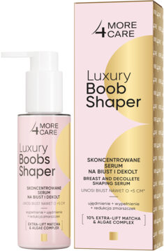Serum 4 More Care Luxury Boob Shaper: różowa butelka z pompką, obok różowo-złote pudełko, widok z przodu.