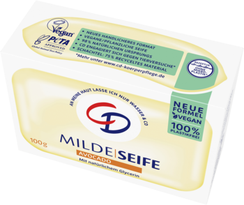 Mydło CD Milde Seife Awokado w żółtej kostce, wegańskie, bez plastiku, widok pod lekkim kątem.
