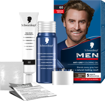 Zestaw Schwarzkopf Men Perfect 60 Medium Brown, żel przeciw siwym włosom, pudełko, butelka i tubka, widok pod kątem.