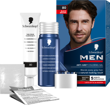 Zestaw Schwarzkopf Men Perfect 80 Black Brown: żel koloryzujący, pudełko z modelem, tuba, butelka, kubek, instrukcja.