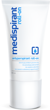 Biały tubkowy antyperspirant Medispirant roll-on 50 ml, z niebieskim napisem i ikoną kropli, widok z przodu.