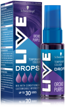 Fioletowe krople Schwarzkopf LIVE Colour Drops Orchid Purple do nietrwałej koloryzacji włosów, pudełko i butelka.