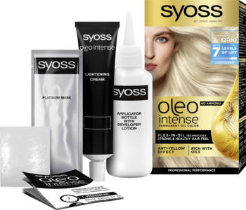 Zestaw farby SYOSS Oleo Intense 12-00 platynowy blond: pudełko z kobietą i otwarte opakowanie ze składnikami.