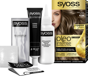 Farba SYOSS Oleo Intense popielaty ciemny blond z olejkami. Widoczne pudełko i rozłożony zestaw do koloryzacji.