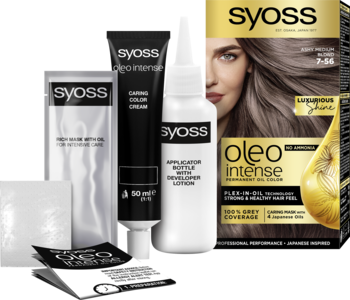 Syoss Oleo Intense P-56 Popielaty Blond trwała farba do włosów bez amoniaku, zestaw z pudełkiem i zawartością.
